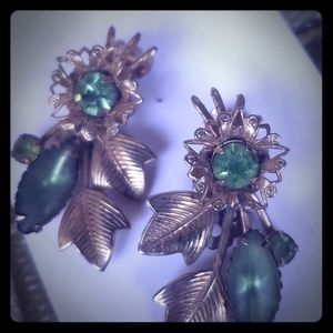 Vintage Leaf and Flower, Green Rhinestone Clip Ear